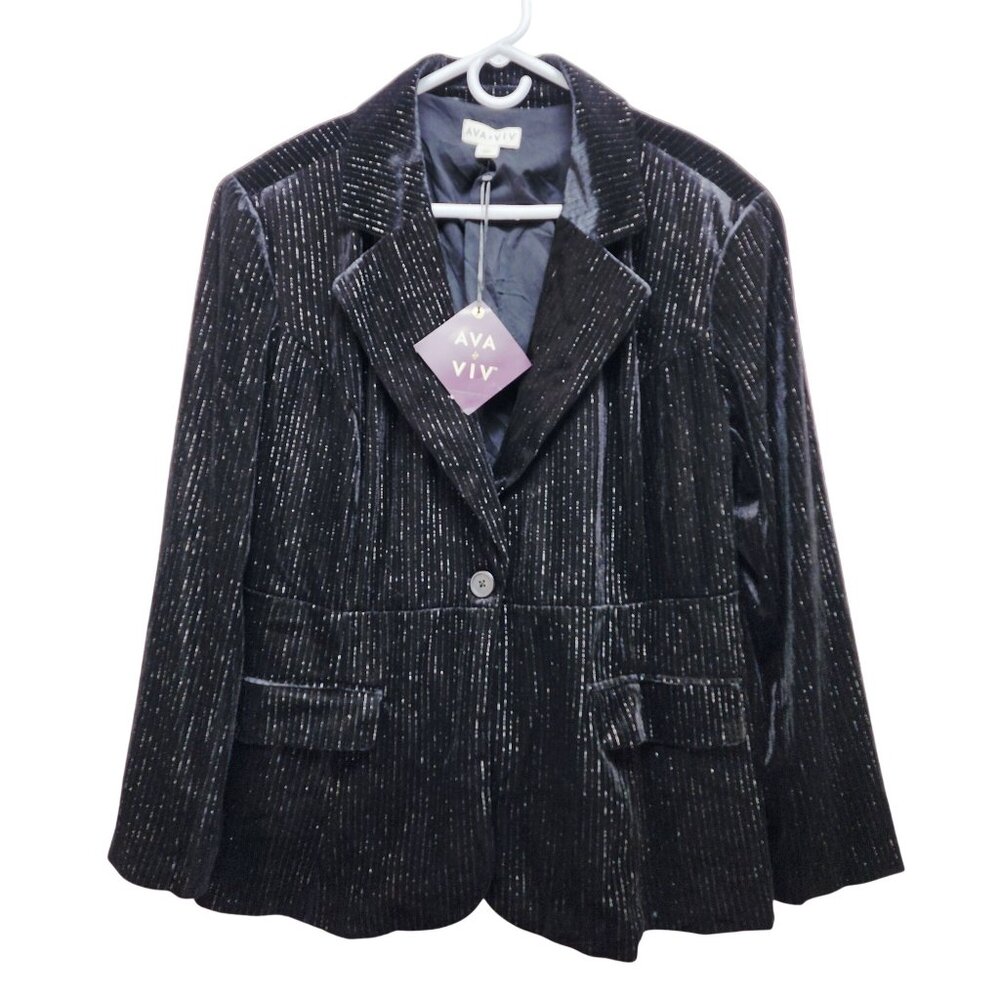 Ava & Viv Womens Black Velvet Glitter Pinstripe Blazer Jacket SZ XXL Long Sleeve